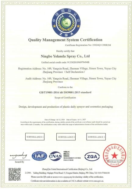 Chine Ningbo Yolanda Spray Co., Ltd. certifications