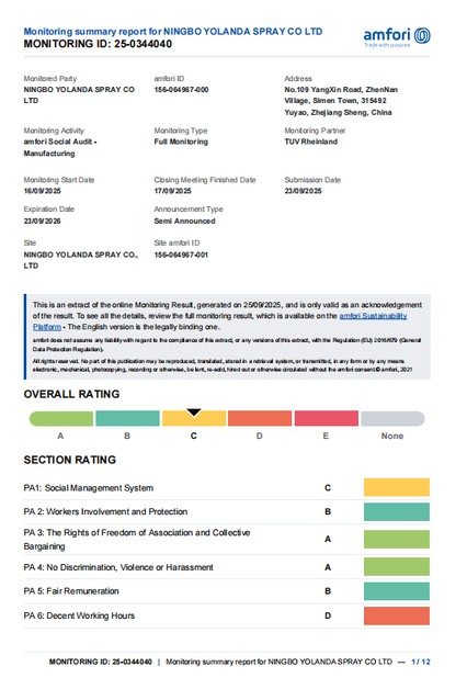 Chine Ningbo Yolanda Spray Co., Ltd. certifications